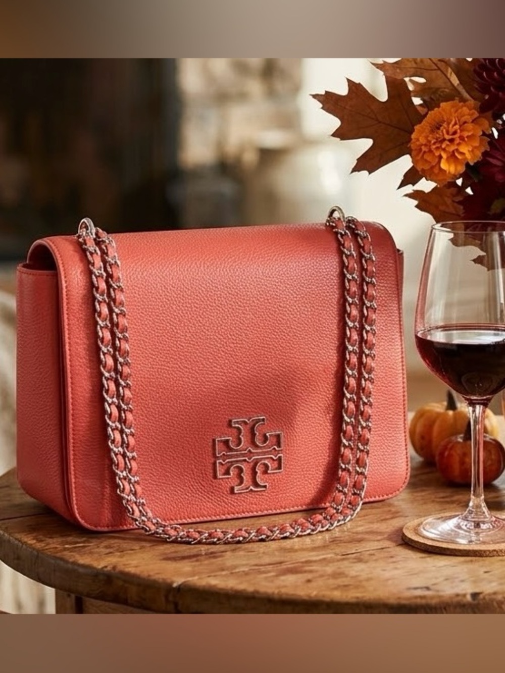 Large Tory Burch Britten Adjustable Shoulder  Pebble Leather Bag Coral Gold Logo